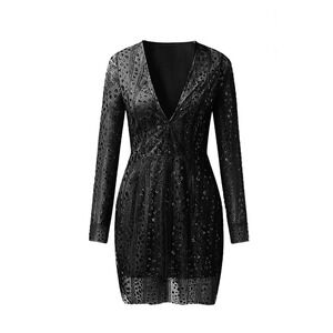 Women's Small Deep V Neck Glitter Bodycon Mini Dress Cocktail Party Club Black